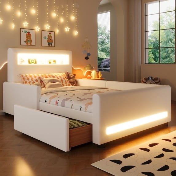 MODERNLUXE Twin Size Upholstery Platform Bed with LED Light and USB Ports, White