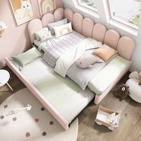MODERNLUXE Twin Size Velvet Upholstered Daybed with Trundle,L-Shaped Corner Bed Single Sofa Bed with Pull Out Bed and Metal Slat Support,Pink