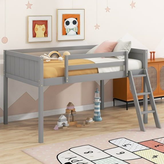 MODERNLUXE Twin Size Wood Loft Bed, Low Profile Bed with Ladder, Gray