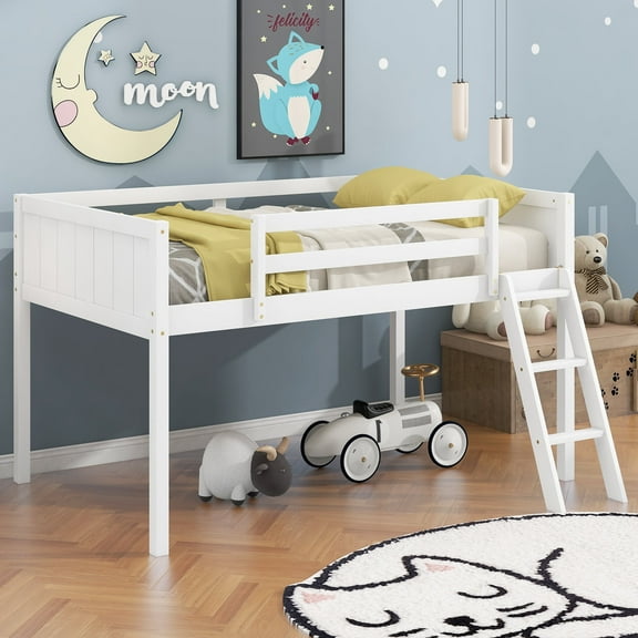 MODERNLUXE Twin Size Wood Loft Bed, Low Profile Bed with Ladder, White