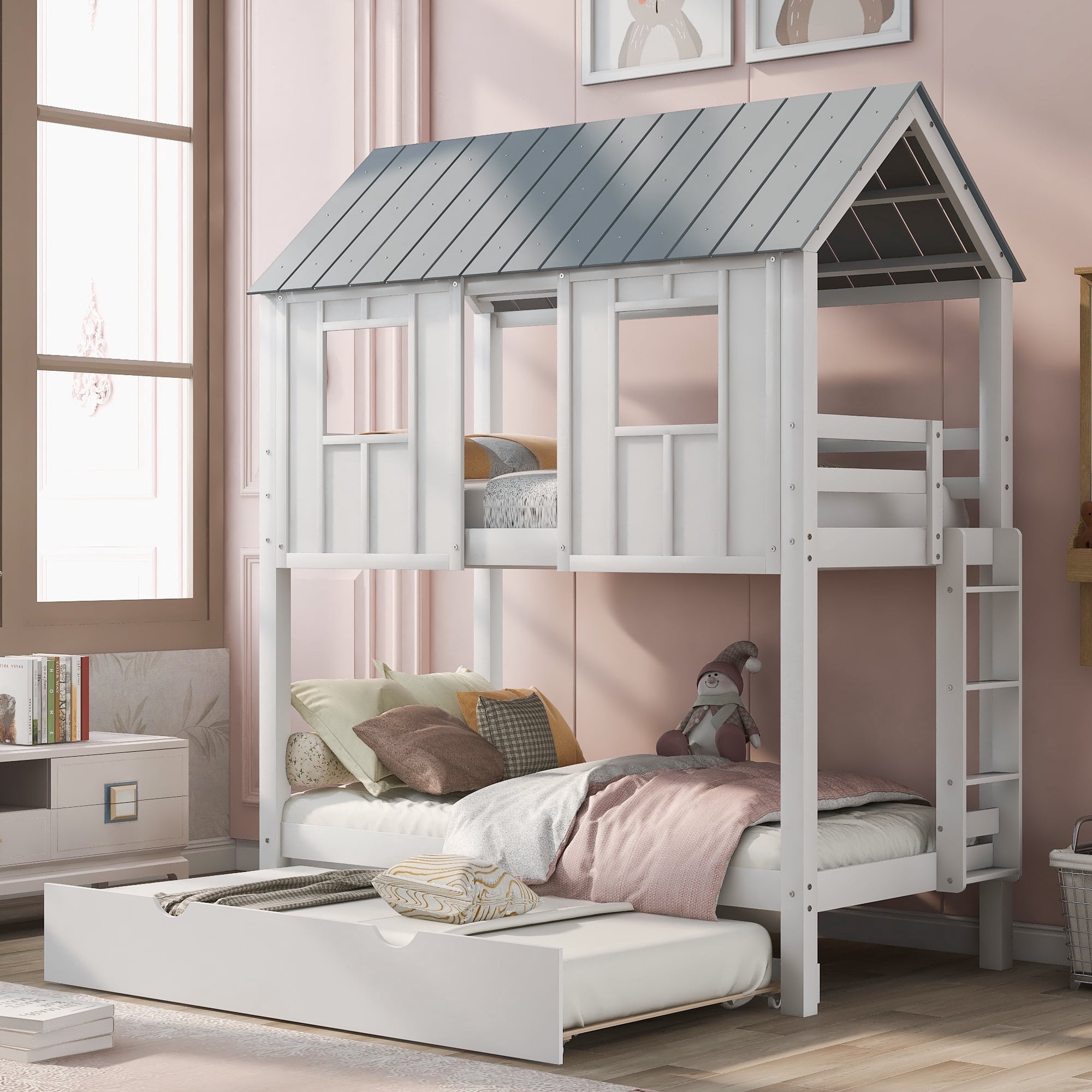 ModernLuxe, Twin over Twin Size Bunk Bed with Window Design, White ...