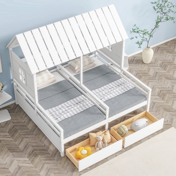 ModernLuxe Low Profile Twin Size Platform Bed, House Two Beds with Drawers, White