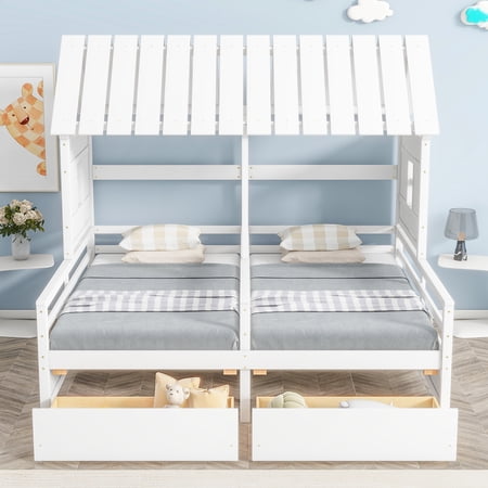 ModernLuxe Low Profile Twin Size Platform Bed, House Two Beds with Drawers, White