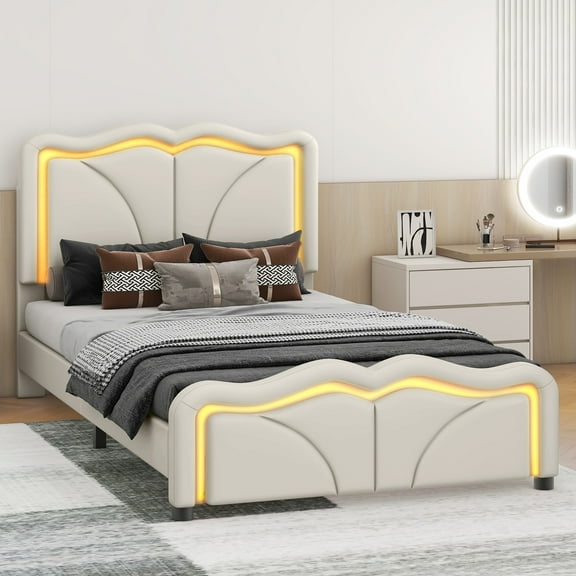 MODERNLUXE Upholstered Twin Size Platform Bed with LED Light Strip and Height Adjustable Headboard, White