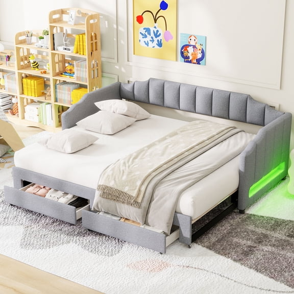 MODERNLUXE Twin XL Upholstery Daybed with Extendable Trundle and Drawers, Twin to King Size Bed with LED Light, Gray