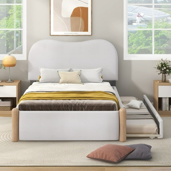 MODERNLUXE Upholstered Twin Size Platform Bed with Trundle for Bedroom, White