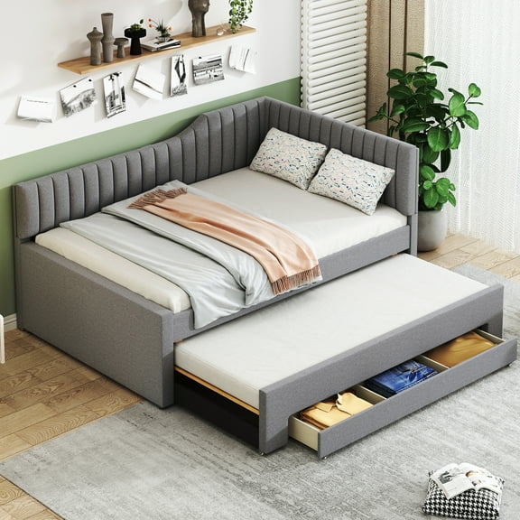 MODERNLUXE Upholstery Full Size Daybed with Trundle and Drawers, Gray