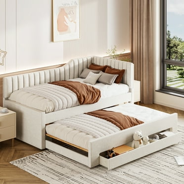 MODERNLUXE Upholstery Twin Size Daybed with Trundle and Drawers, Beige