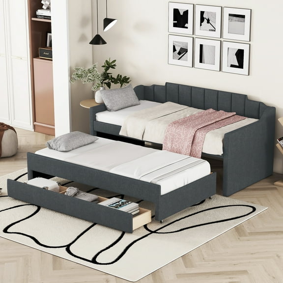 MODERNLUXE Upholstery Twin Size Daybed with Trundle and Drawers, Gray