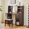thumbnail image 1 of MODERNLUXE Vanity Desk with Lighted Mirror,Makeup Vanity Desk with 1 Drawer,6 Shelves,Large Cabinet,Adjustable Lighting and Stool, Makeup Dressing Table for Bedroom,Walnut, 1 of 7