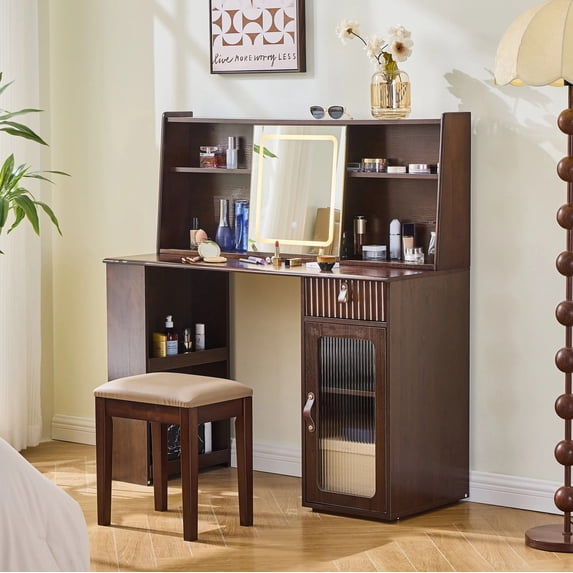 MODERNLUXE Vanity Desk with Lighted Mirror,Makeup Vanity Desk with 1 Drawer,6 Shelves,Large Cabinet,Adjustable Lighting and Stool, Makeup Dressing Table for Bedroom,Walnut
