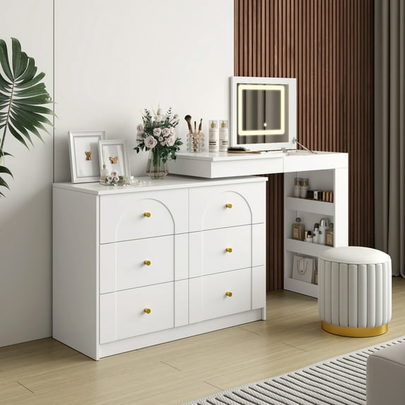 MODERNLUXE Vanity Desk with Mirror and Lights,Makeup Vanity Table with 7 Drawers, 3Storage Shelves,3 Color Modes Adjustable and Flip-Top Tabletop for Bedroom,White