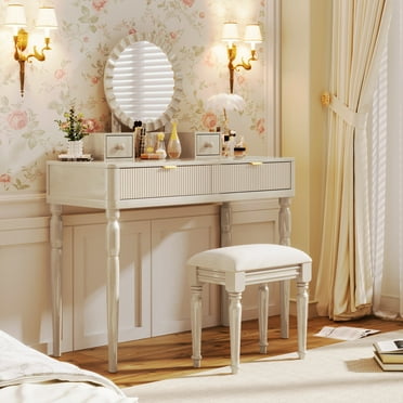 MODERNLUXE Vanity Desk with Round Mirror,Makeup Vanity Desk with 4 Drawers, Height-Adjustable and Stool, Small Vanity Table for Bedroom,Champagne