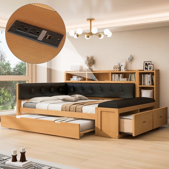 MODERNLUXE Wood Full Size Daybed with Drawers and Trundle, Captain Bed with Upholstered Bench and Cushion. Bed with Shelves and USB Ports, Natural