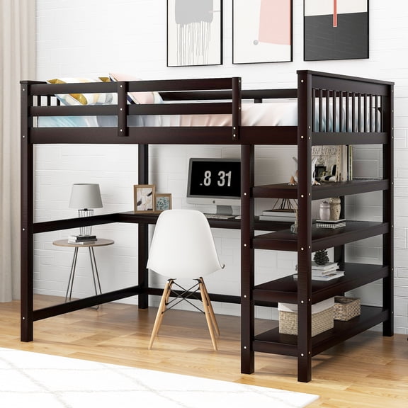 MODERNLUXE Wood Full Size Loft Bed with Desk and Shelves, Espresso