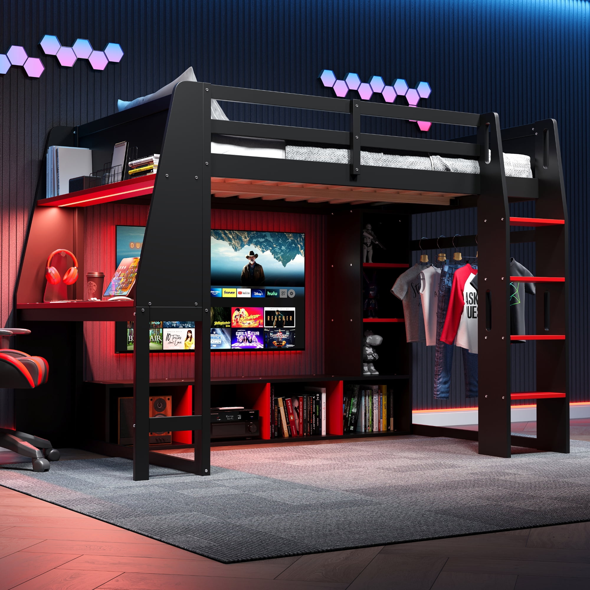 MODERNLUXE Wood Full Size Loft Bed with Desk and Shelves, Gaming Bed ...