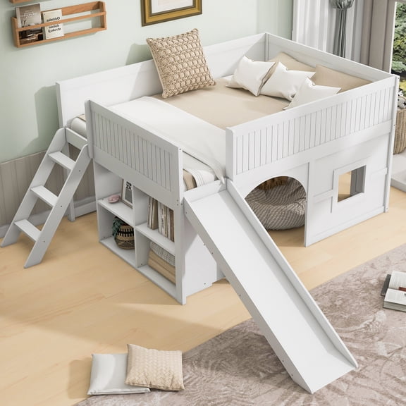 MODERNLUXE Wood Full Size Loft Bed with Slide, Low Profile Bed with Storage Shelves and House Design, White