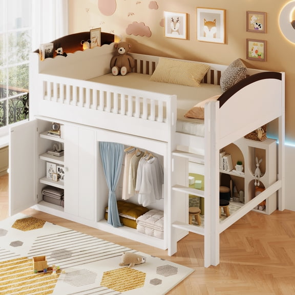 MODERNLUXE Wood Full Size Loft Bed with Storage Cabinets and Wardrobe, Storage Bed with LED Light, White