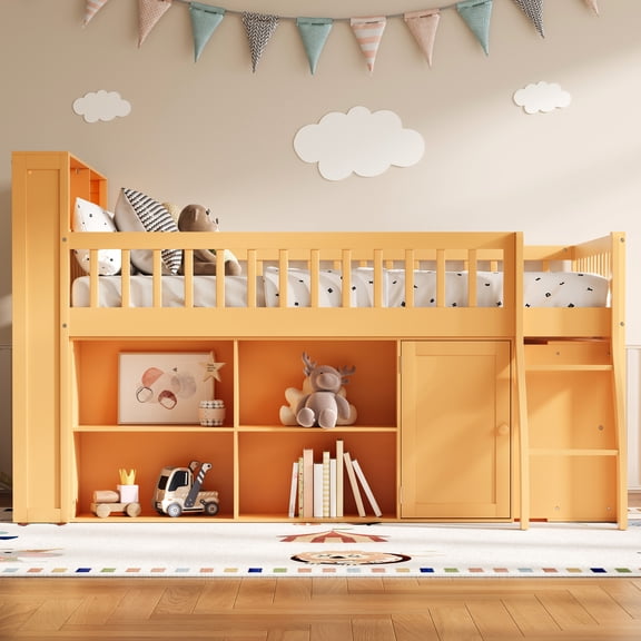 MODERNLUXE Wood Full Size Loft Bed with Storage Shelves and LED Light, Natural