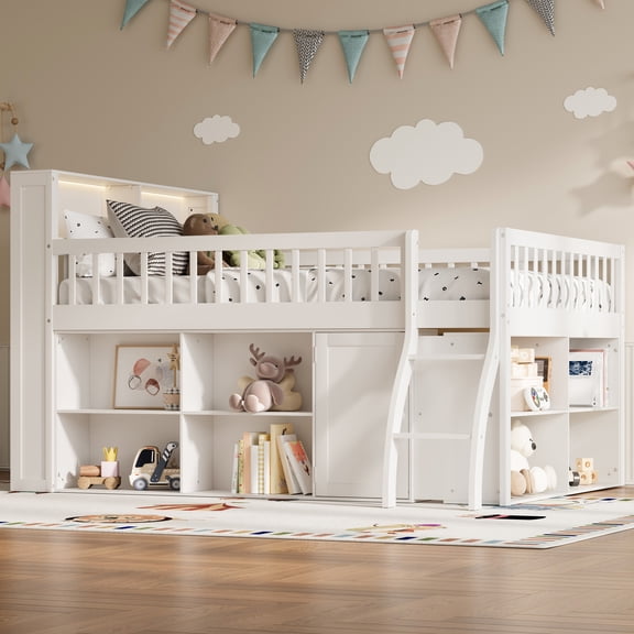 MODERNLUXE Wood Full Size Loft Bed with Storage Shelves and LED Light, White
