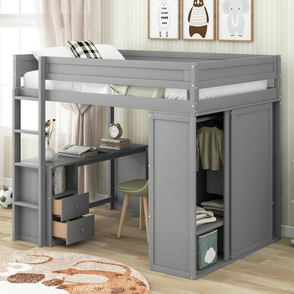 MODERNLUXE Wood Full Size Loft Bed with Wardrobe and Desk, Cabinet and Drawers, Gray