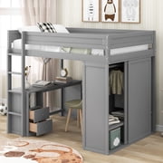 MODERNLUXE Wood Full Size Loft Bed with Wardrobe and Desk, Cabinet and Drawers, Gray