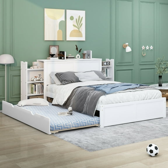 MODERNLUXE Wood Full Size Platform Bed with Trundle, Storage Headboard with Pull out Shelves, White