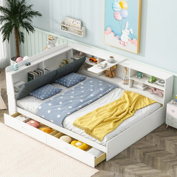 MODERNLUXE Wood Full Size Platform Bed with Upholstered Headboard and Storage Cabinet, Drawers and Shelves, White