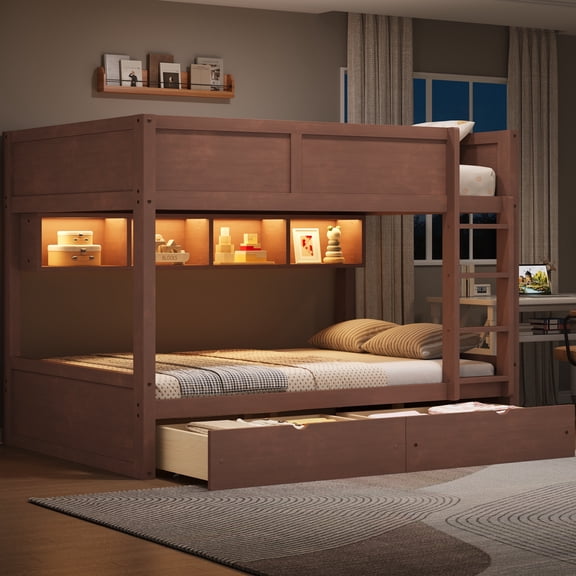 MODERNLUXE Wood Full XL over Full XL Bunk Bed with Storage Shelves and Drawers, LED Light Bed, Brown
