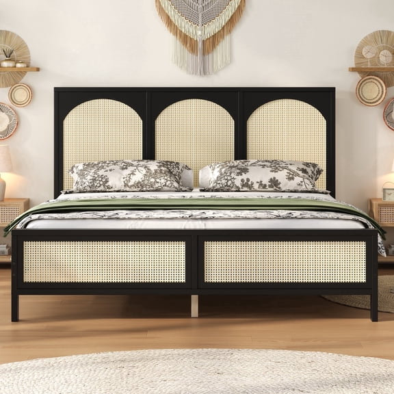 MODERNLUXE Wood King Size Platform Bed with Rattan Headboard, Black
