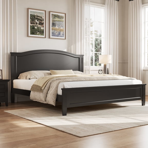 MODERNLUXE Wood Platform Bed with Headboard and Slats, Queen Size, Black