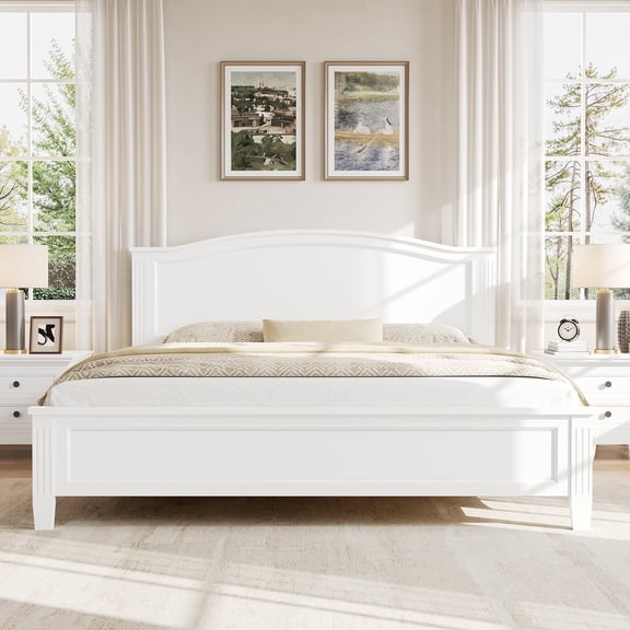 MODERNLUXE Wood Platform Bed with Headboard and Slats, Queen Size, White