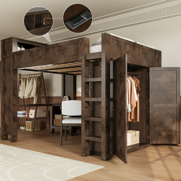 MODERNLUXE Wood Queen Size Loft Bed with Desk and Wardrobe, Storage Shelves and USB Charging, Brown