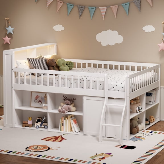 MODERNLUXE Wood Queen Size Loft Bed with Storage Shelves and LED Light, White