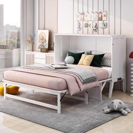 MODERNLUXE Wood Queen Size Murphy Bed, Storage Wall Bed with Drawers and Shelves, Built in Charging Station and Desk, Convertible into A Cabinet