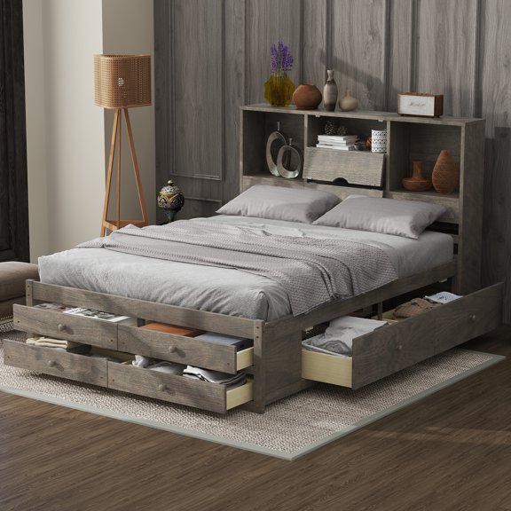 MODERNLUXE Wood Queen Size Platform Bed with Storage Headboard and 8 Drawers, Gray