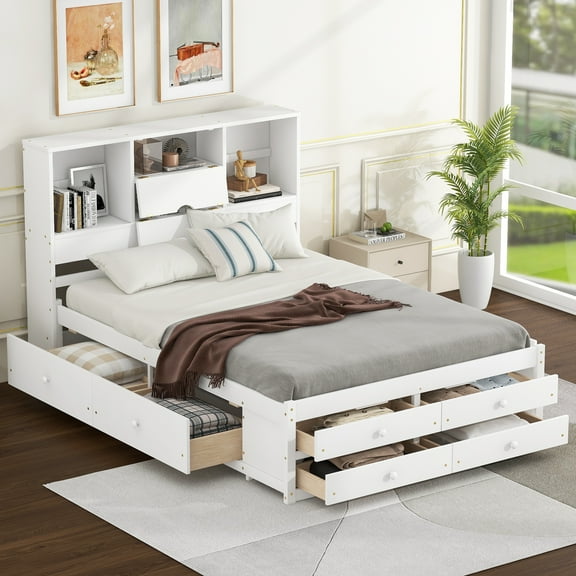 MODERNLUXE Wood Queen Size Platform Bed with Storage Headboard and 8 Drawers, White