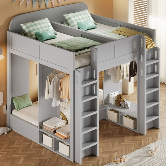 MODERNLUXE Wood Triple Bunk Bed, Twin & Twin over Twin XL 3 Beds in 1 with Storage Shelves and Wardrobe, Gray