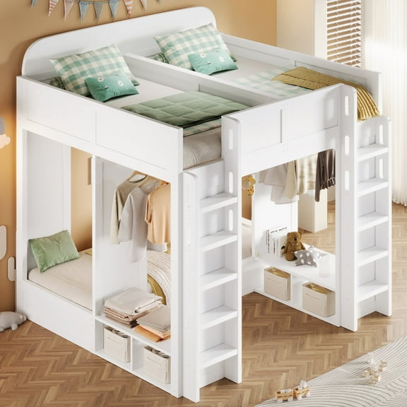 MODERNLUXE Wood Triple Bunk Bed, Twin & Twin over Twin XL 3 Beds in 1 with Storage Shelves and Wardrobe, White