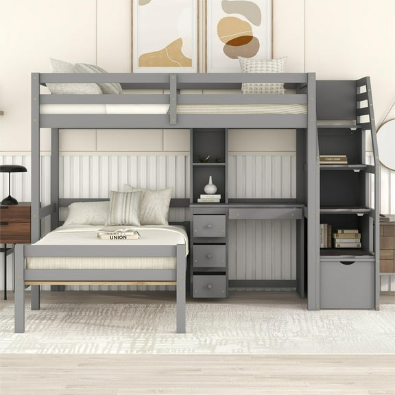 MODERNLUXE Wood Twin Size Bunk Bed with Platform Bed and Desk, Storage Staircase, Drawers and Shelves, Gray