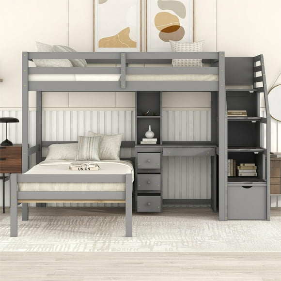 MODERNLUXE Wood Twin Size Bunk Bed with Platform Bed and Desk, Storage Staircase, Drawers and Shelves, Gray