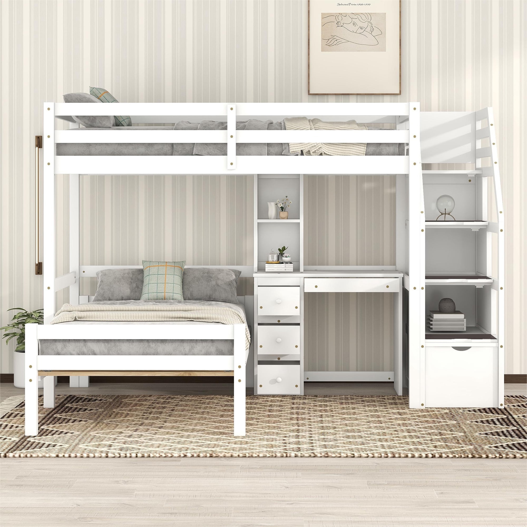 MODERNLUXE Wood Twin Size Bunk Bed with Platform Bed and Desk, Storage ...