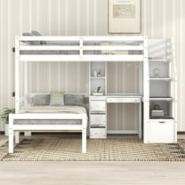 MODERNLUXE Wood Twin Size Bunk Bed with Platform Bed and Desk, Storage Staircase, Drawers and Shelves, White