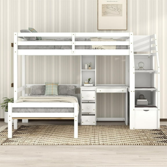 MODERNLUXE Wood Twin Size Bunk Bed with Platform Bed and Desk, Storage Staircase, Drawers and Shelves, White