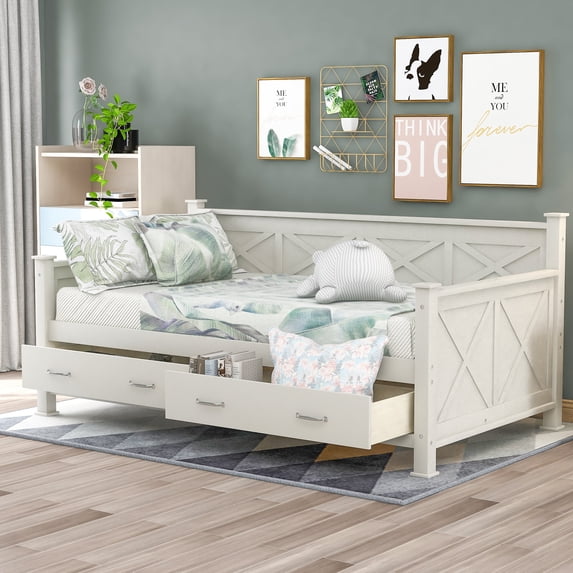 MODERNLUXE Wood Twin Size Daybed with 2 Drawers, White
