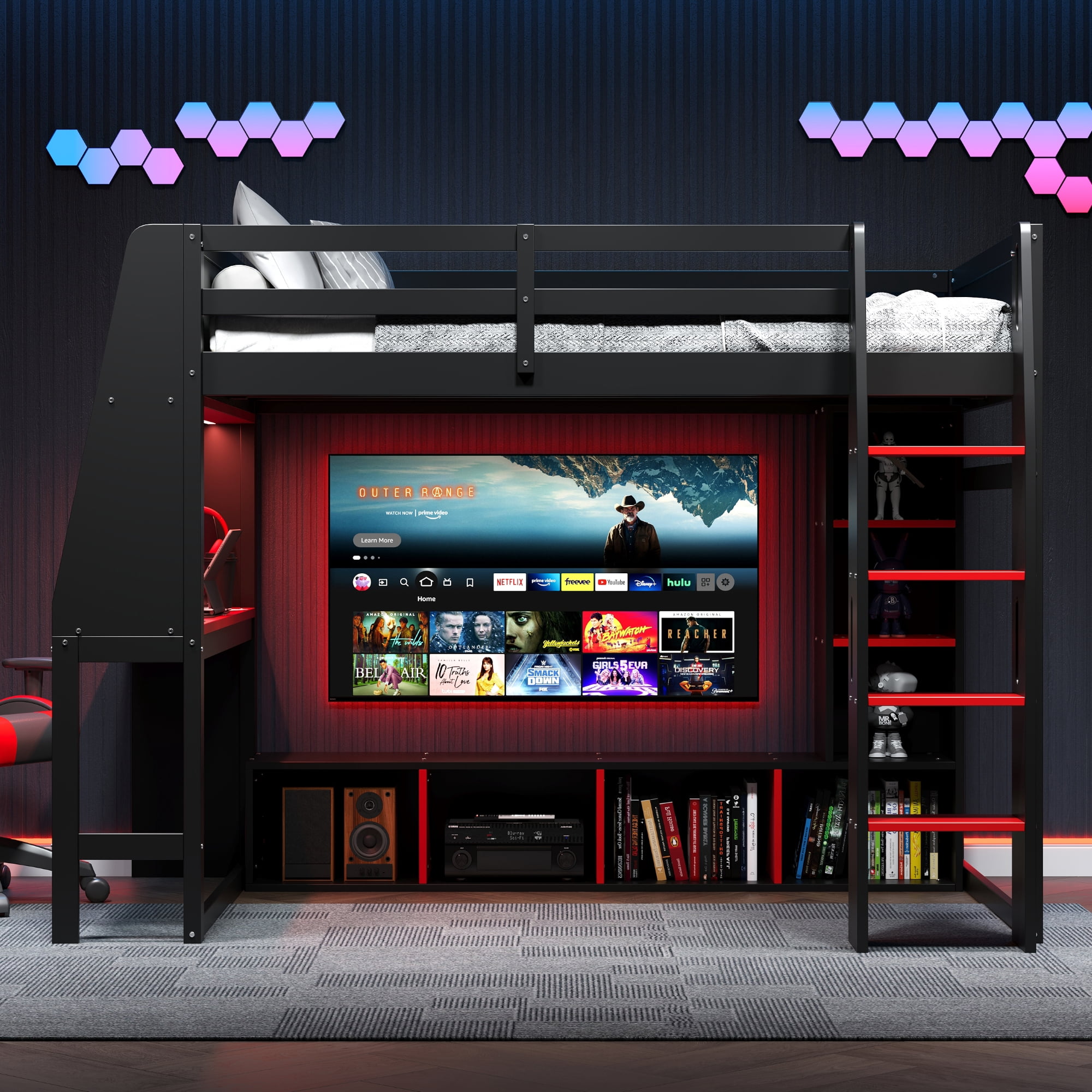 MODERNLUXE Wood Twin Size Loft Bed with Desk and Shelves, Gaming Bed ...