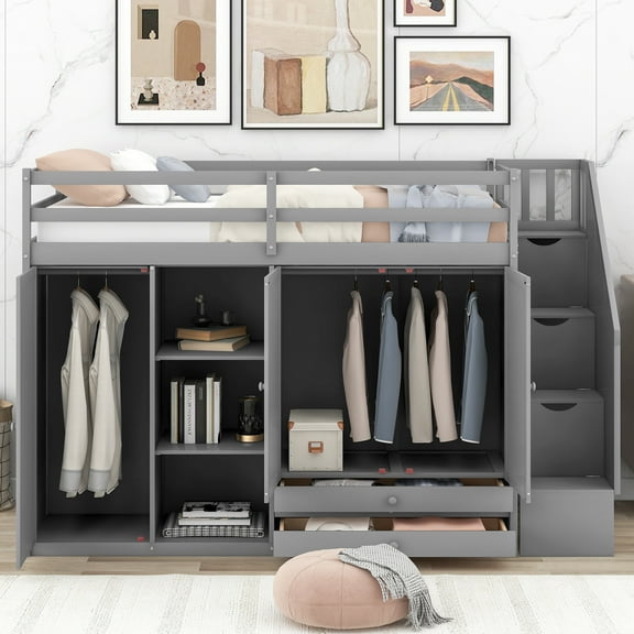 MODERNLUXE Wood Twin Size Loft Bed with Drawers and Shelves, Storage Bed with 2 Wardrobes, Gray