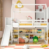 MODERNLUXE Wood Twin Size Loft Bed with Shelves, House Bed with LED Light and Slide, White