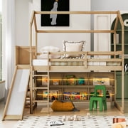 MODERNLUXE Wood Twin Size Loft Bed with Shelves, House Bed with LED Light and Slide, Wood