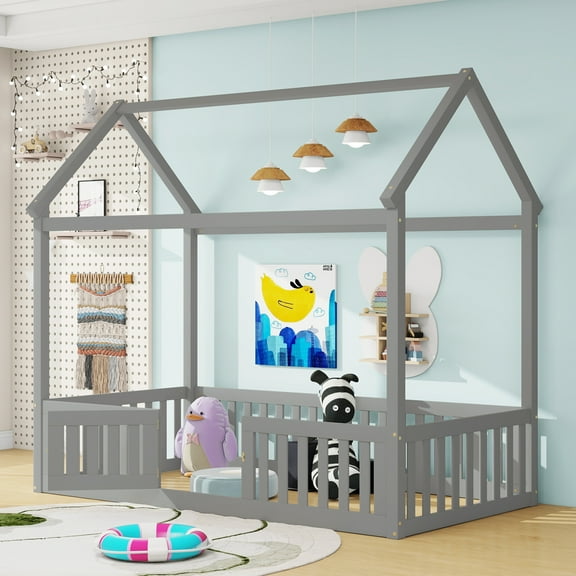 MODERNLUXE Wood Twin Size Platform Bed, House Floor Bed with Fence and Door, Gray